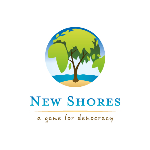 New Shores logo. A “civic engagement” tool; New Shores - a Game of Democracy. 